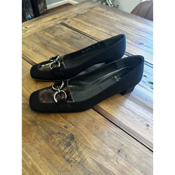 Stuart Weitzman Shoes Size 8 M Black Suede Square Toe Block Heels Pumps Classic - Picture 3 of 12